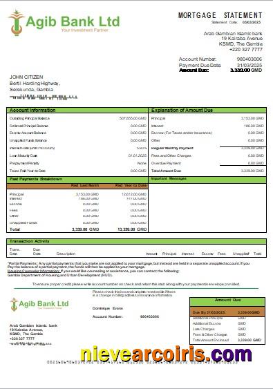 Gambia Arab Gambian Islamic bank mortgage statement